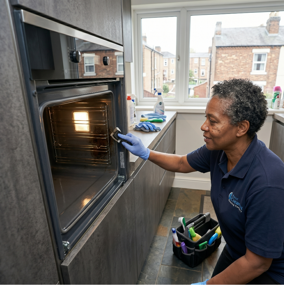 image of a cleaner performing oven cleaning in Poplar in a small London flat kitchen