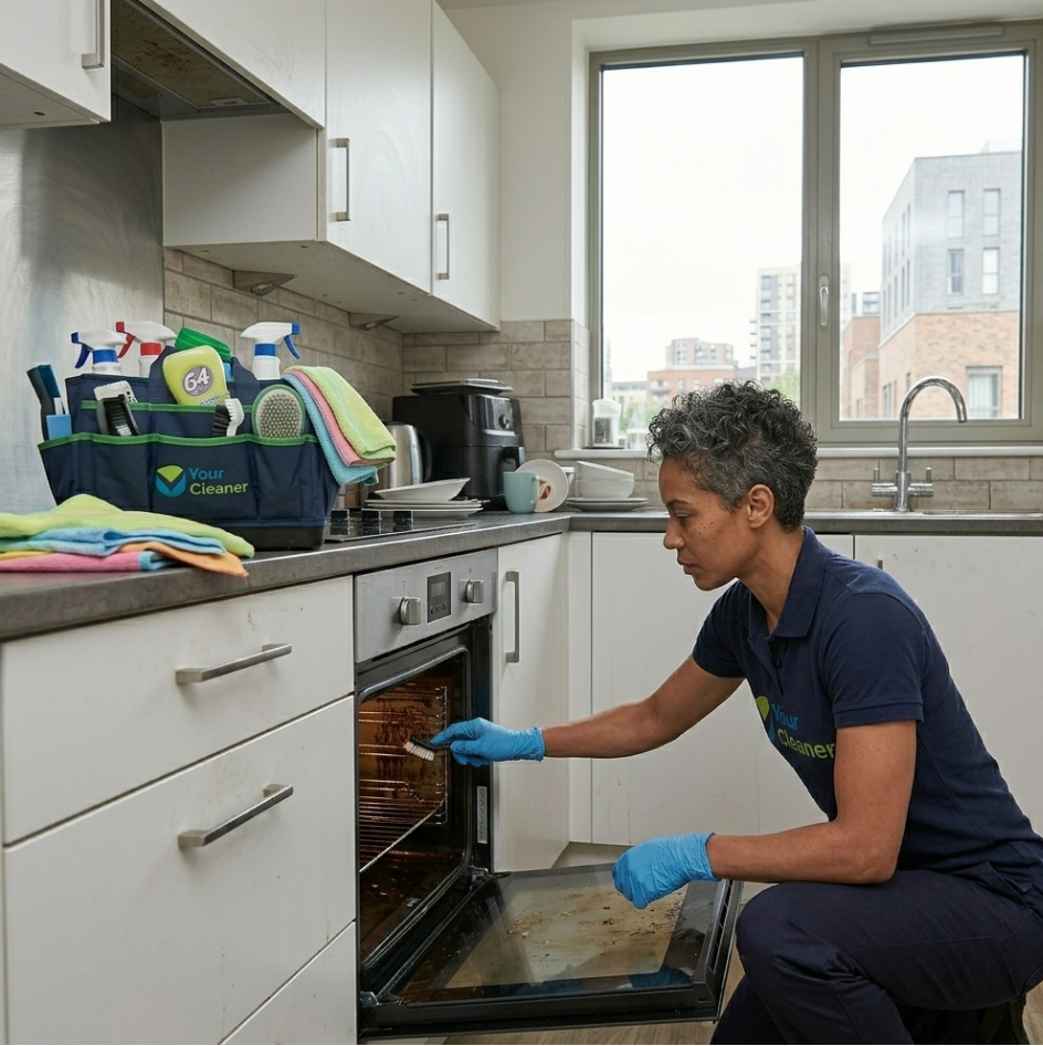 a technician performing oven cleaning in Poplar, scrubbing the inside of an open oven