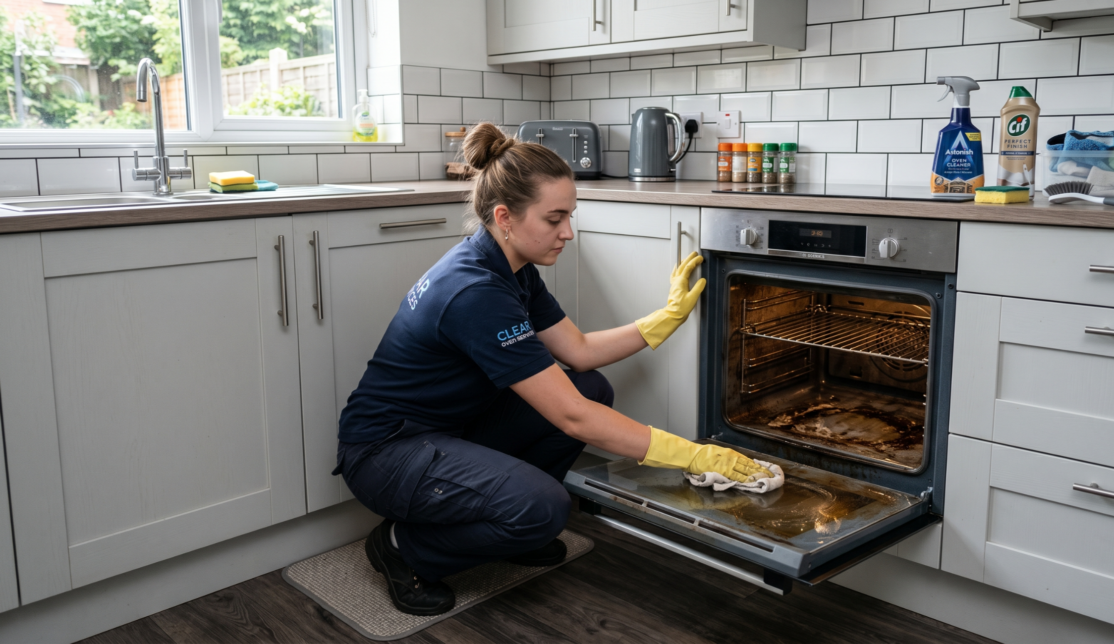 an oven cleaning process with visible light grease and residue being cleaned from the interior by a person using a cloth or sponge.