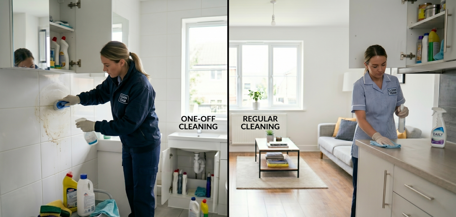 a clear comparison between one-off cleaning and regular cleaning in a modern UK home